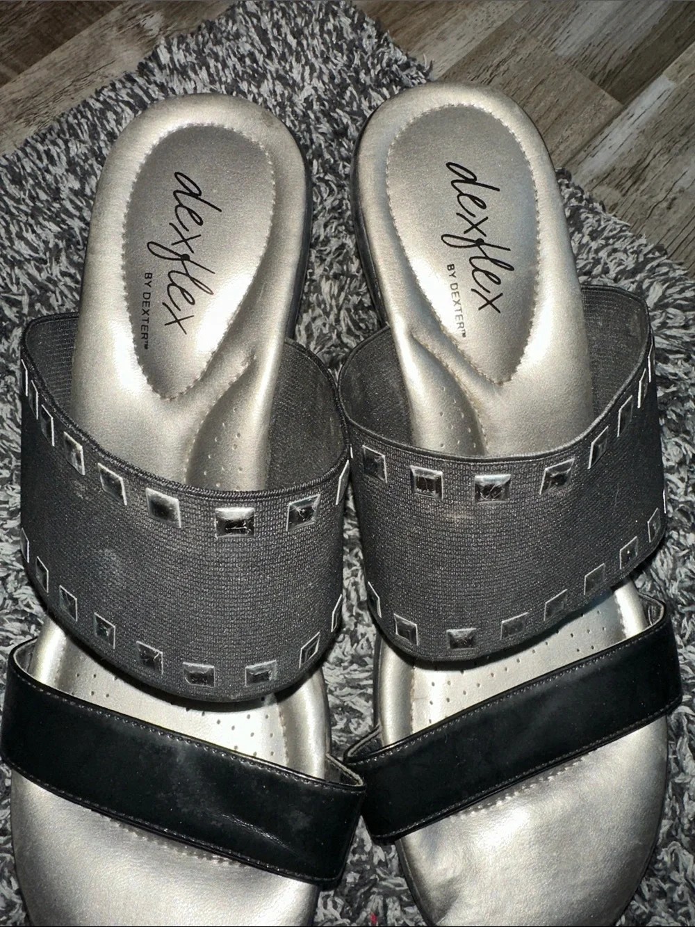 Black Slide Sandals with Metallic Silver Footbed, Dexflex by Dexter, 8 1/2